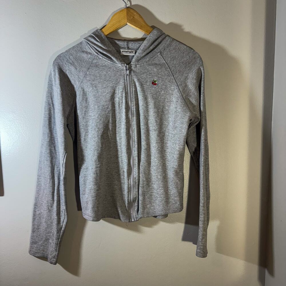 Vintage-Look Cherry Embroidered Hoodie Heather Gray Cropped Y2K Coquette